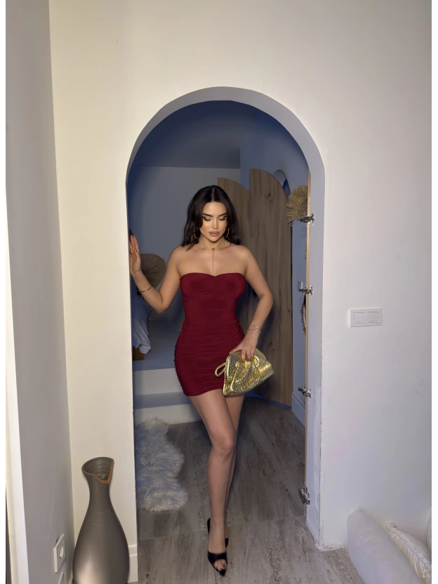 Bordo Gloplu Drapeli Mini Elbise