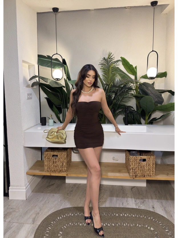 Kahverengi Gloplu Drapeli Mini Elbise