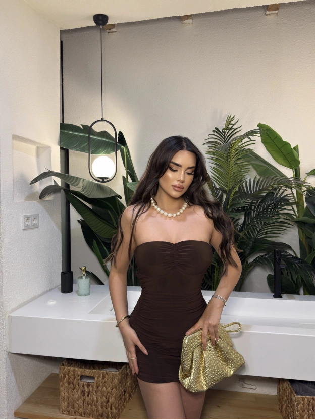 Kahverengi Gloplu Drapeli Mini Elbise