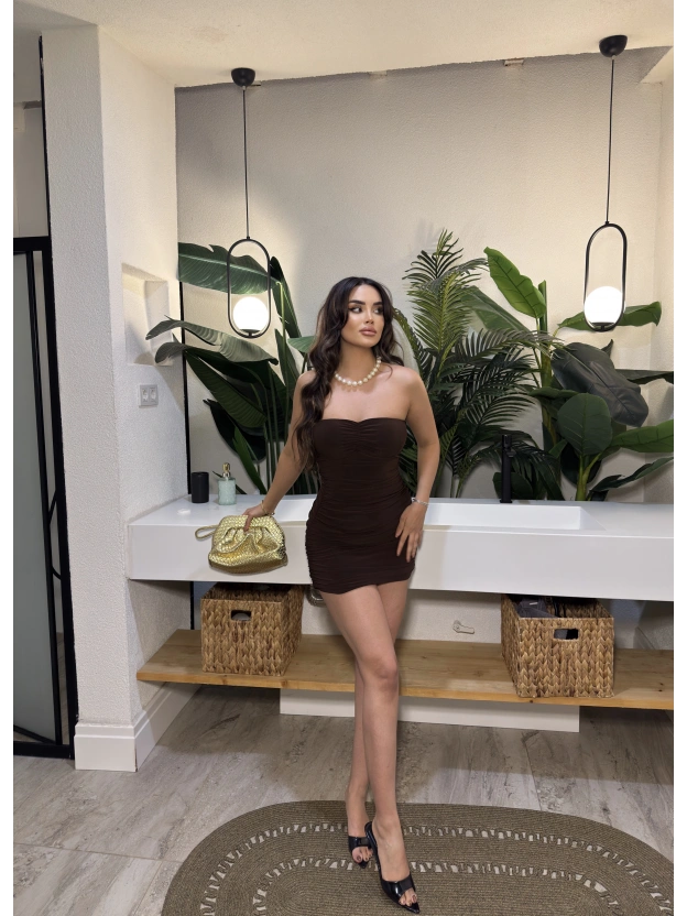 Kahverengi Gloplu Drapeli Mini Elbise
