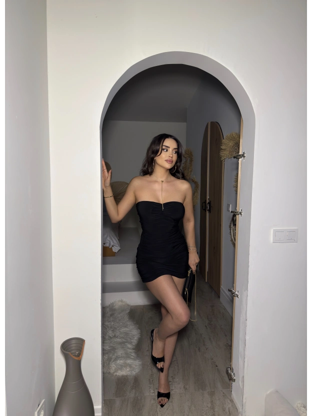 Siyah Gloplu Drapeli Mini Elbise