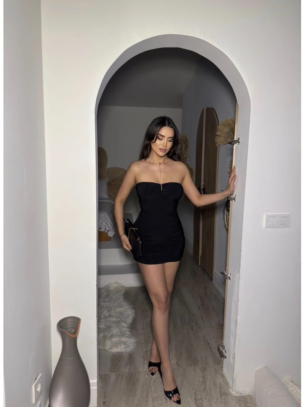 Siyah Gloplu Drapeli Mini Elbise