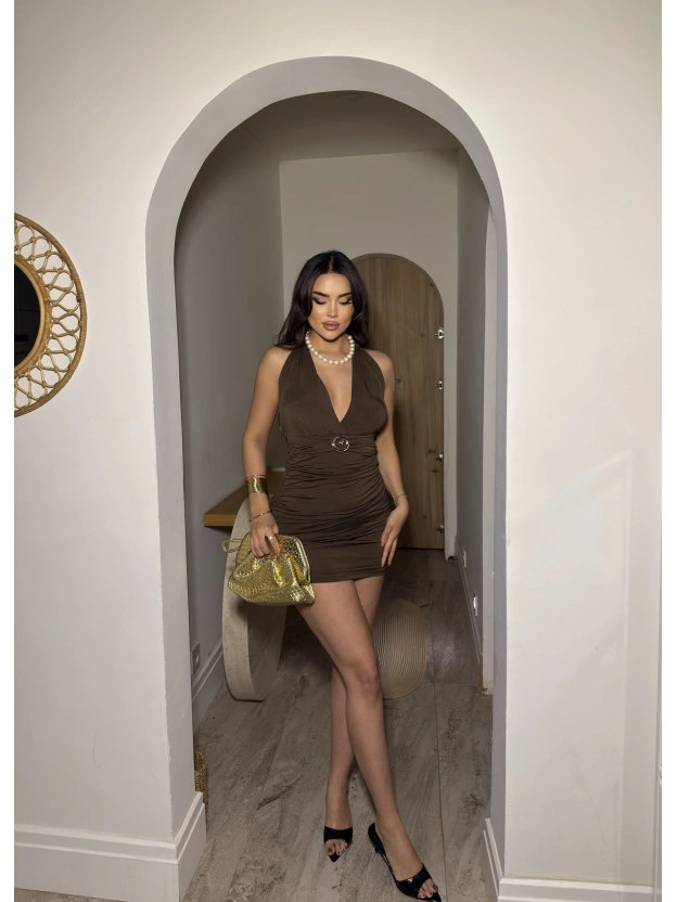 Kahverengi G Tokalı Boyundan Bağlamalı Mini Elbise