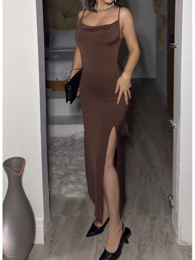 Kahverengi Degaje Yaka Uzun Elbise