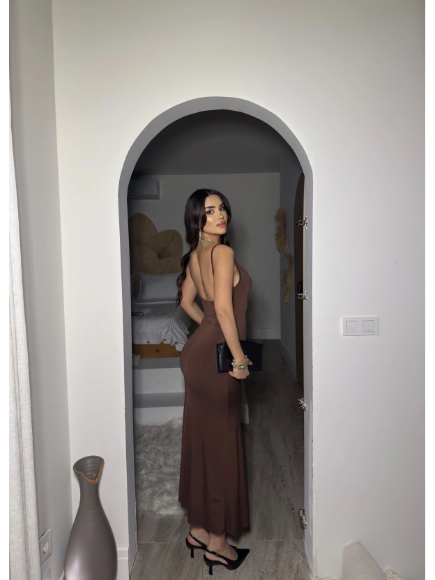 Kahverengi Degaje Yaka Uzun Elbise