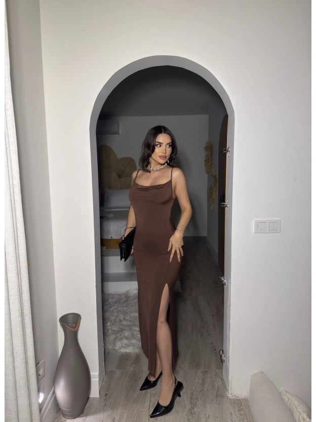 Kahverengi Degaje Yaka Uzun Elbise