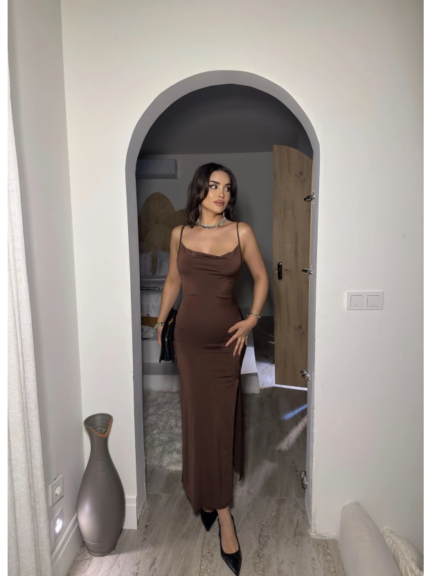 Kahverengi Degaje Yaka Uzun Elbise