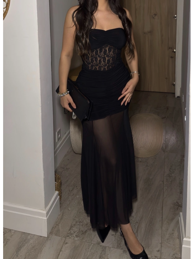 Siyah Straplez Dantel Detay Eteği Tül Uzun Elbise