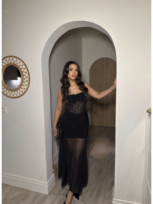 Siyah Straplez Dantel Detay Eteği Tül Uzun Elbise