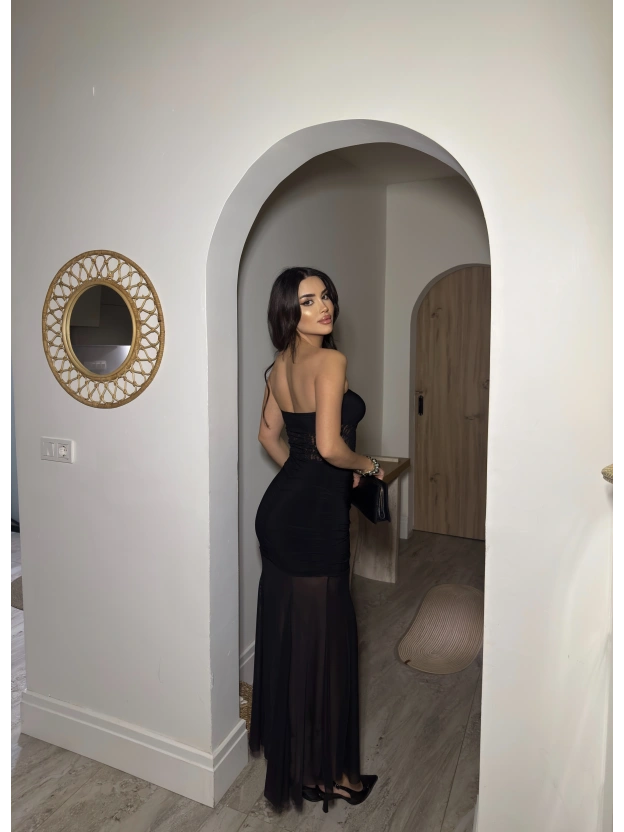 Siyah Straplez Dantel Detay Eteği Tül Uzun Elbise