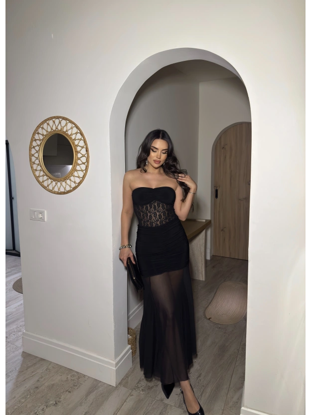 Siyah Straplez Dantel Detay Eteği Tül Uzun Elbise