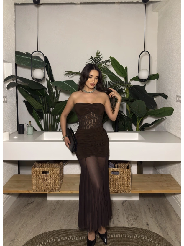 Kahverengi Straplez Dantel Detay Eteği Tül Uzun Elbise