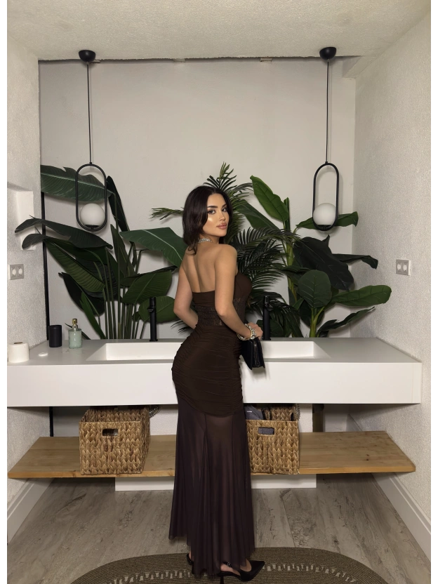 Kahverengi Straplez Dantel Detay Eteği Tül Uzun Elbise