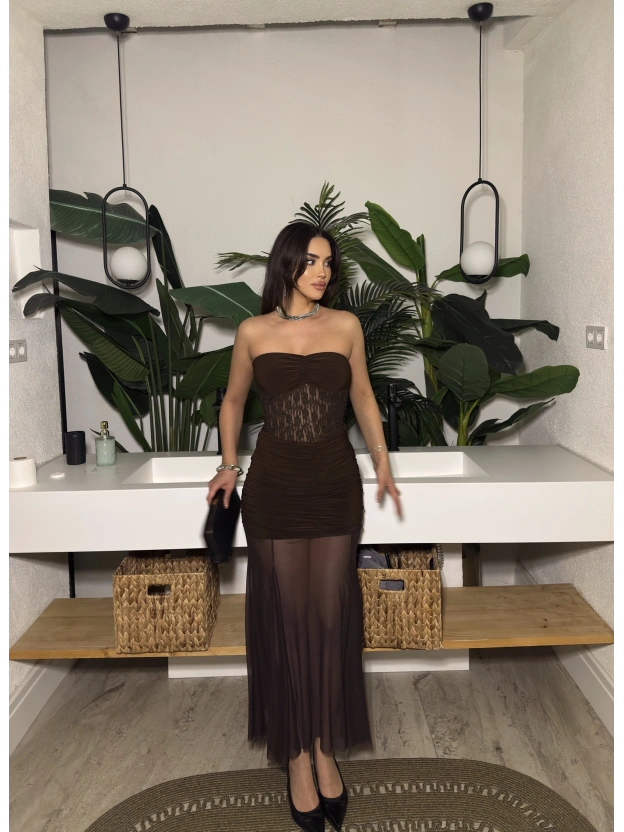 Kahverengi Straplez Dantel Detay Eteği Tül Uzun Elbise