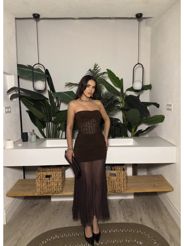 Kahverengi Straplez Dantel Detay Eteği Tül Uzun Elbise