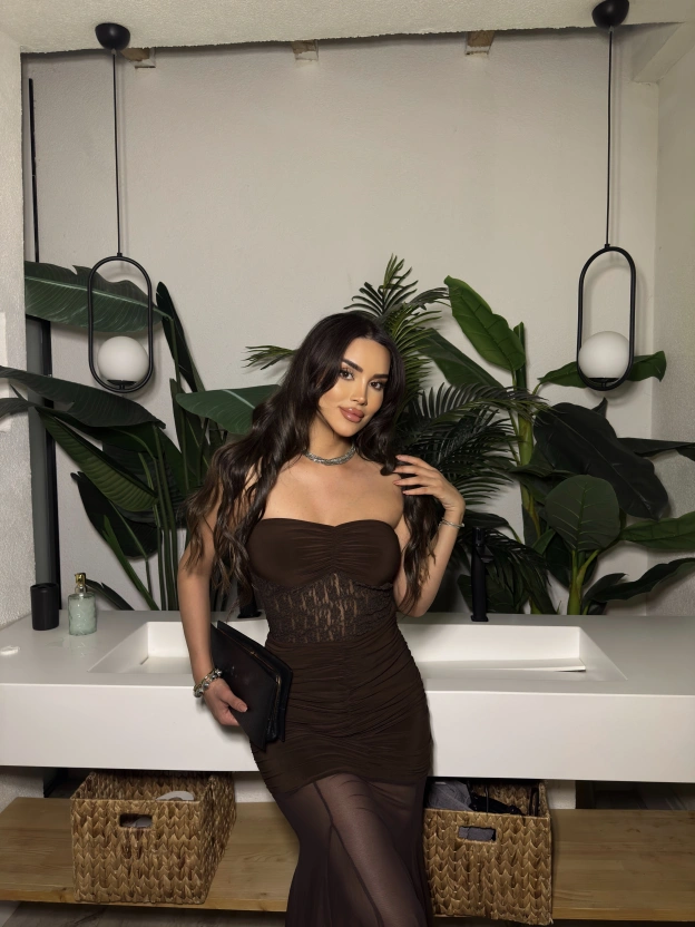 Kahverengi Straplez Dantel Detay Eteği Tül Uzun Elbise