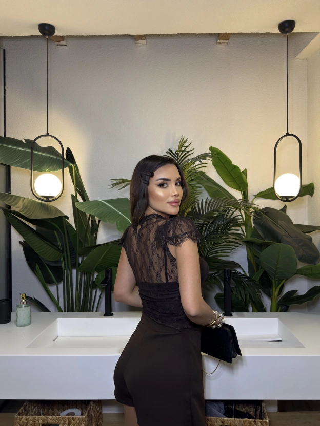 Kahverengi Dantel Detay Astarlı Bluz