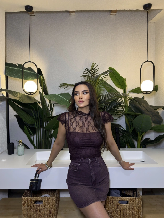 Mürdüm Dantel Detay Astarlı Bluz