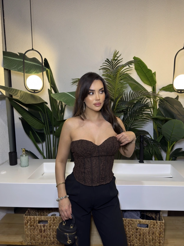 Kahverengi Korseli Dantel Zra Straplez Bralet