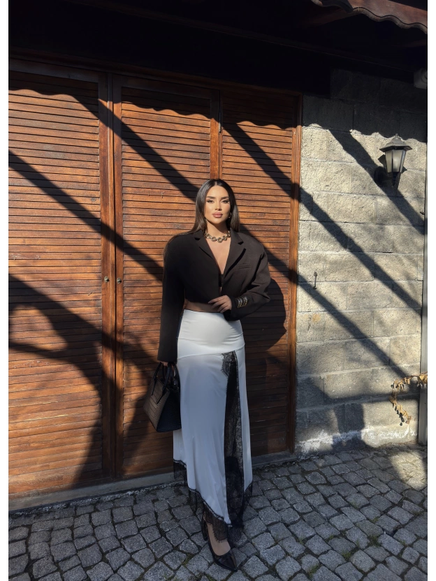 Beyaz Güpür Detay Uzun Etek