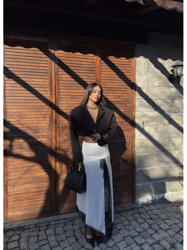 Beyaz Güpür Detay Uzun Etek