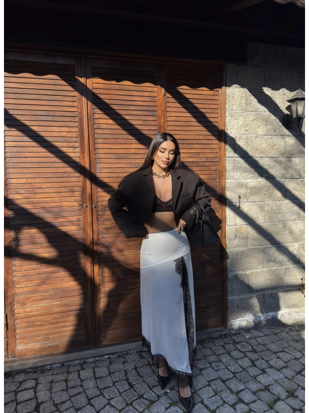 Beyaz Güpür Detay Uzun Etek