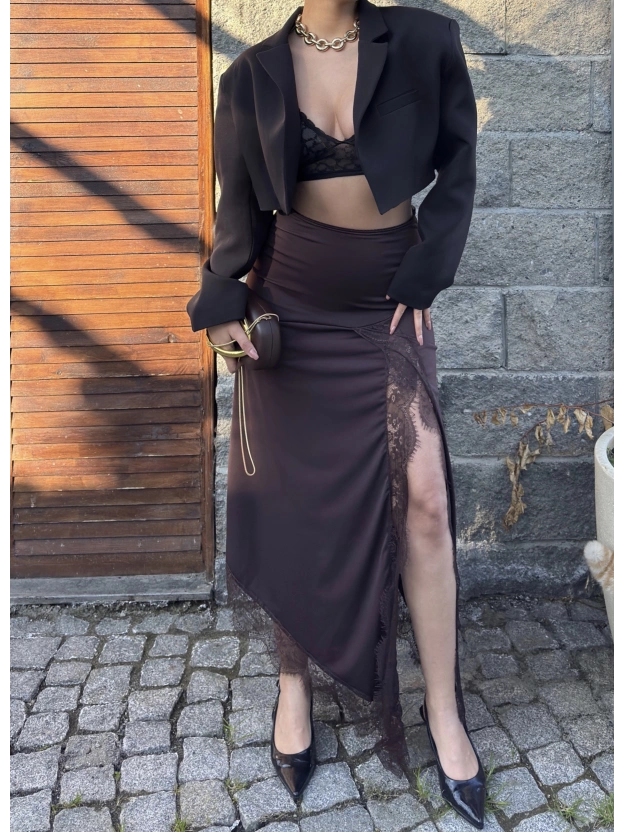 Kahverengi Güpür Detay Uzun Etek