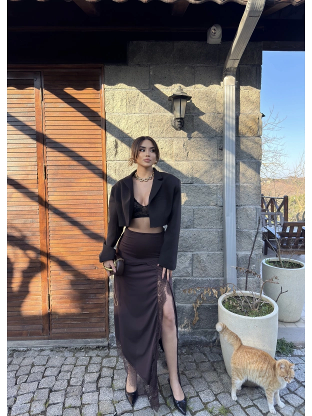 Kahverengi Güpür Detay Uzun Etek