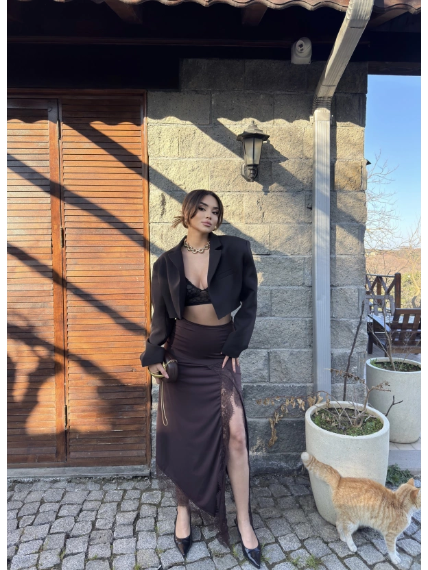 Kahverengi Güpür Detay Uzun Etek