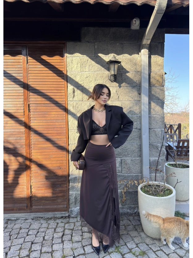 Kahverengi Güpür Detay Uzun Etek