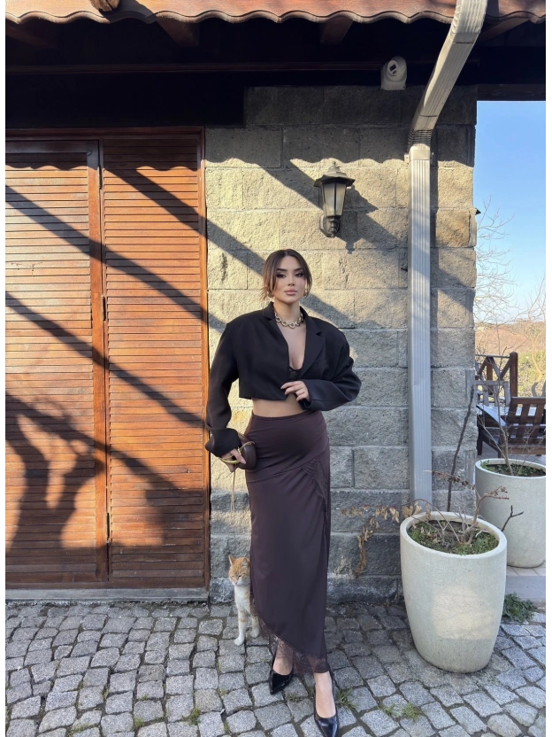 Kahverengi Güpür Detay Uzun Etek