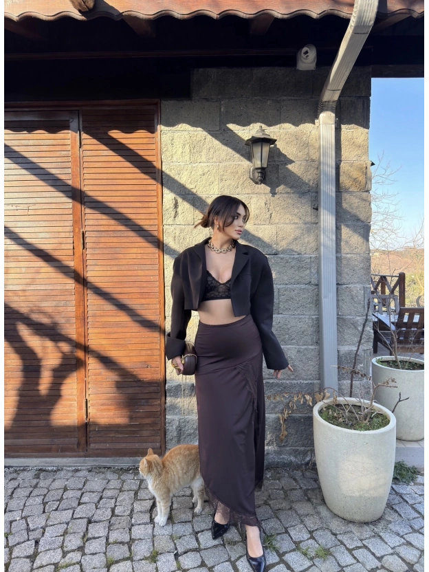 Kahverengi Güpür Detay Uzun Etek