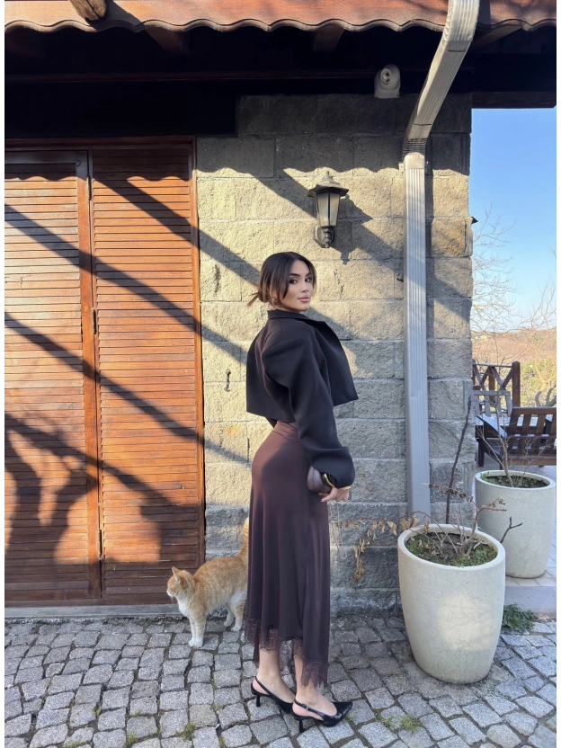 Kahverengi Güpür Detay Uzun Etek