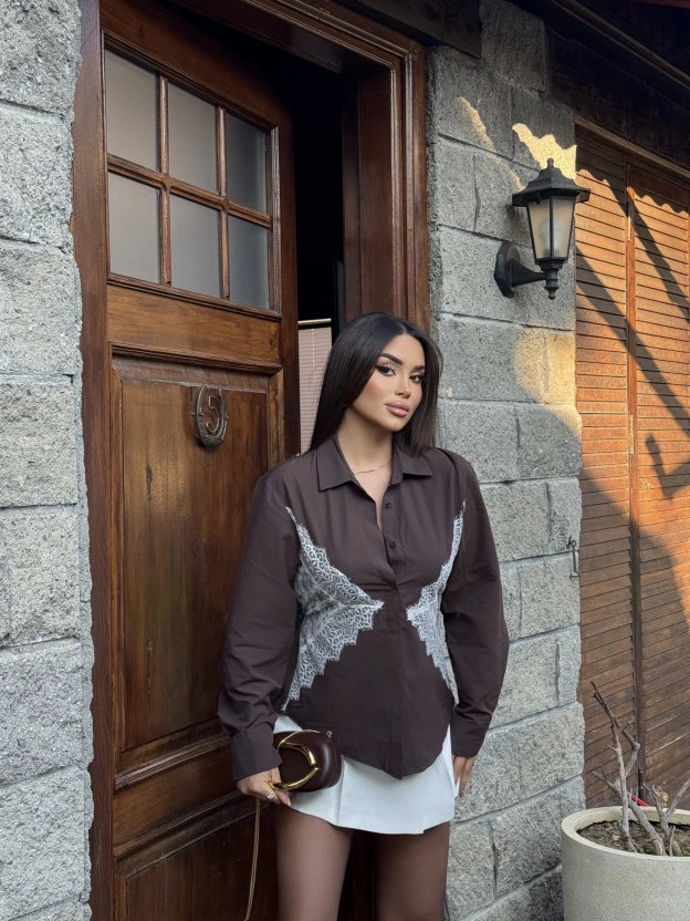 Kahverengi Güpür Detay  Gömlek