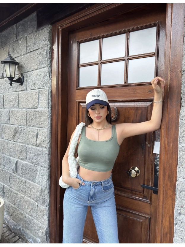 Haki Kalın Askılı Gloplu Basic Crop