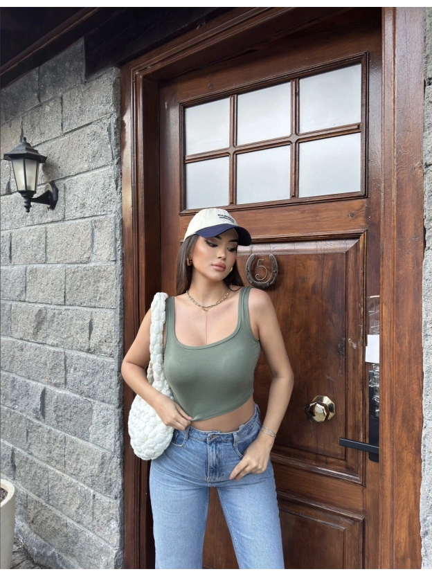 Haki Kalın Askılı Gloplu Basic Crop