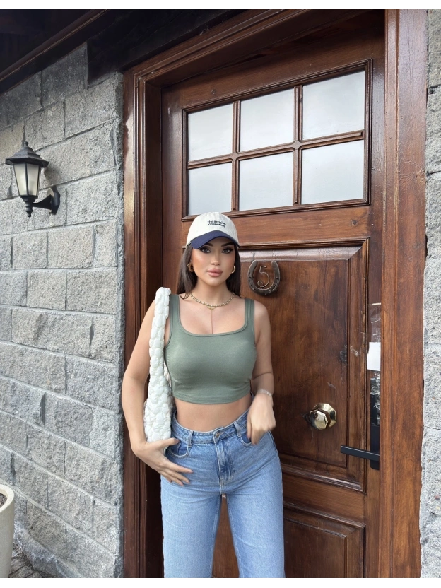 Haki Kalın Askılı Gloplu Basic Crop