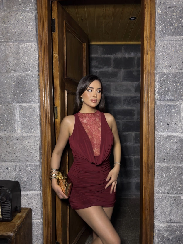 Bordo Degaje Yaka Dantelli Mini Elbise
