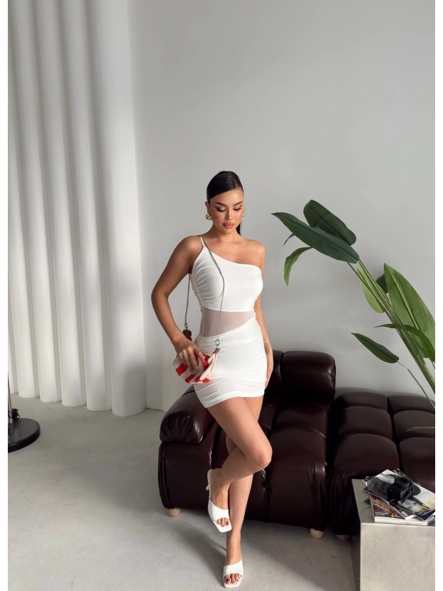 Beyaz Transparan Detay Tek Omuz Elbise