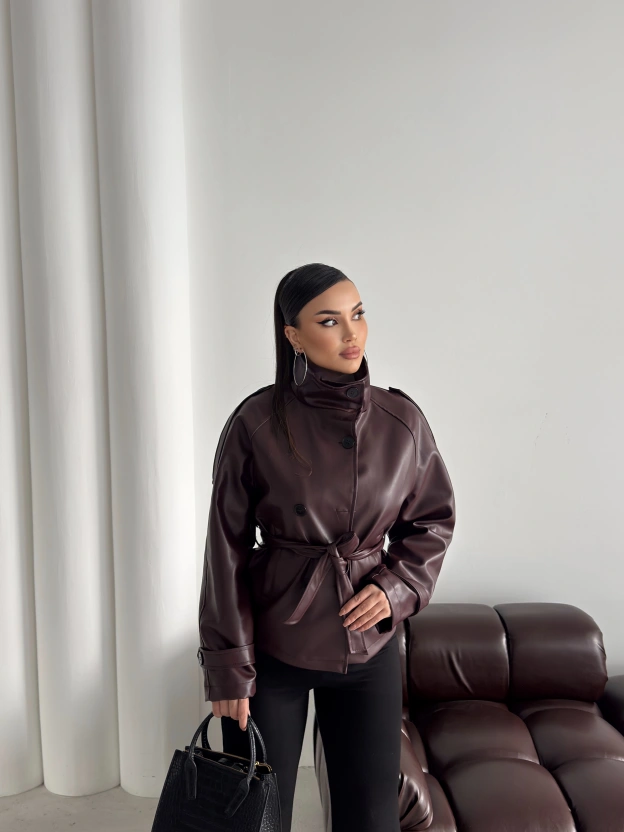 Bordo Kısa Suni Deri Dik Yaka Ceket