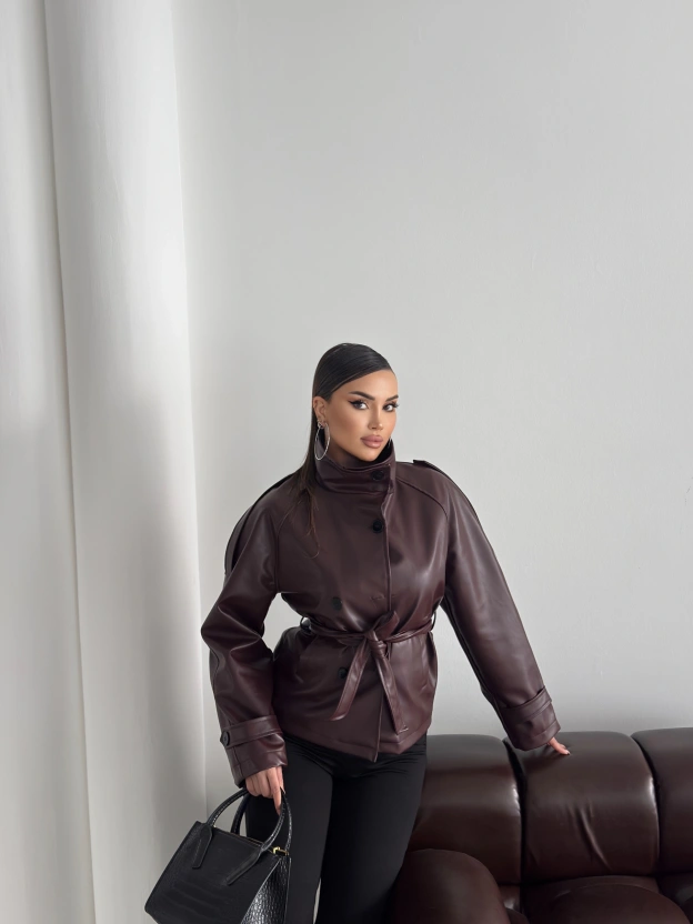 Bordo Kısa Suni Deri Dik Yaka Ceket