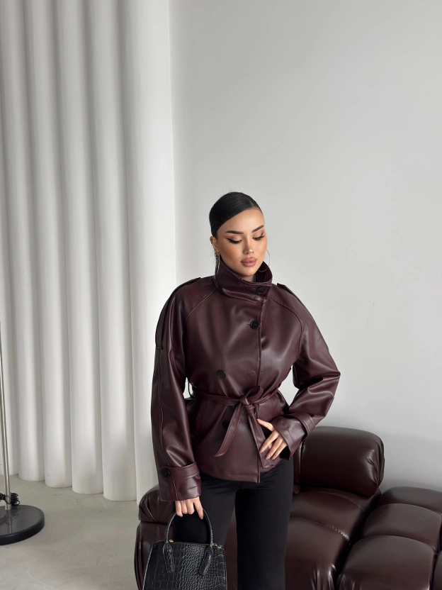 Bordo Kısa Suni Deri Dik Yaka Ceket