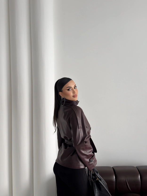 Bordo Kısa Suni Deri Dik Yaka Ceket