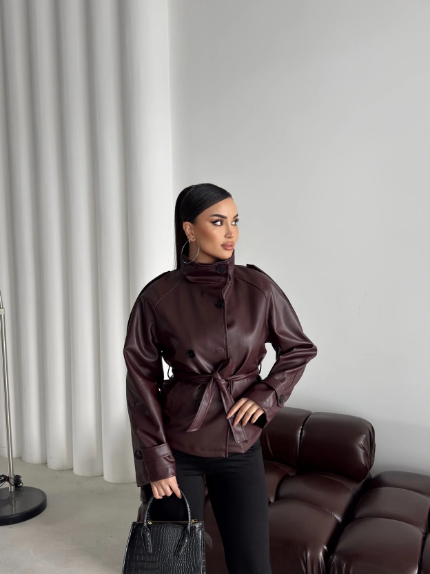 Bordo Kısa Suni Deri Dik Yaka Ceket