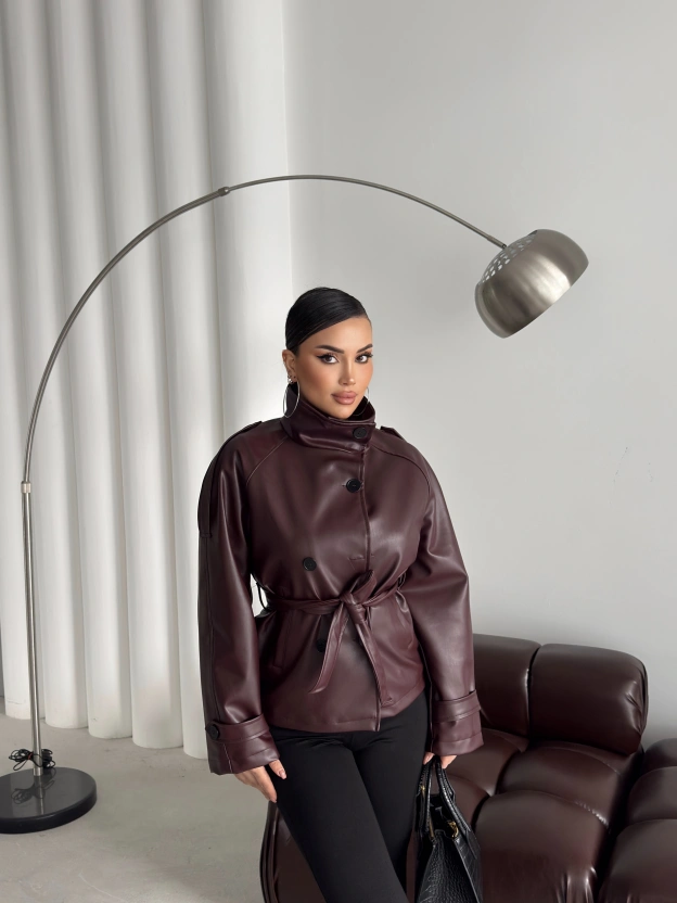 Bordo Kısa Suni Deri Dik Yaka Ceket