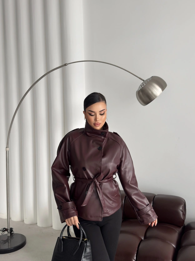 Bordo Kısa Suni Deri Dik Yaka Ceket