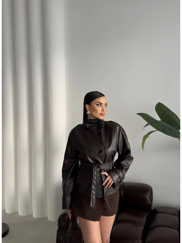 Kahverengi Kısa Suni Deri Dik Yaka Ceket