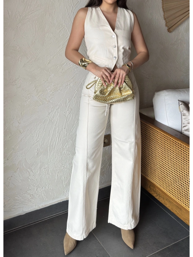 Ekru Kemerli Denim Pantolon Düğmeli Yelek Takım