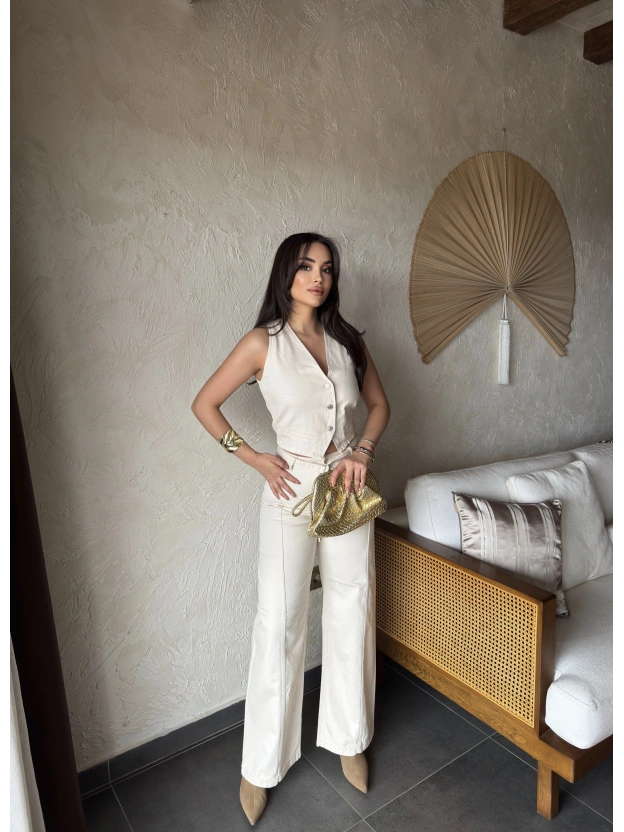 Ekru Kemerli Denim Pantolon Düğmeli Yelek Takım