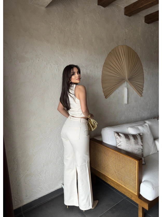 Ekru Kemerli Denim Pantolon Düğmeli Yelek Takım